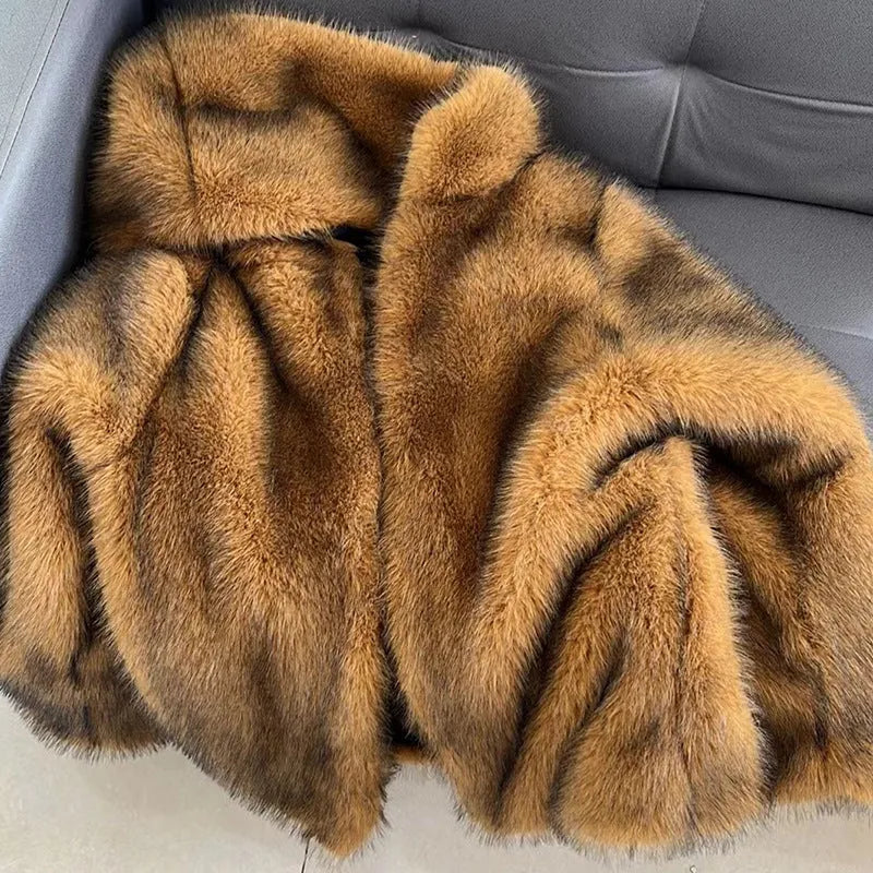 Women's loose silver grey artificial fur coat with a medium length of 65cm.
