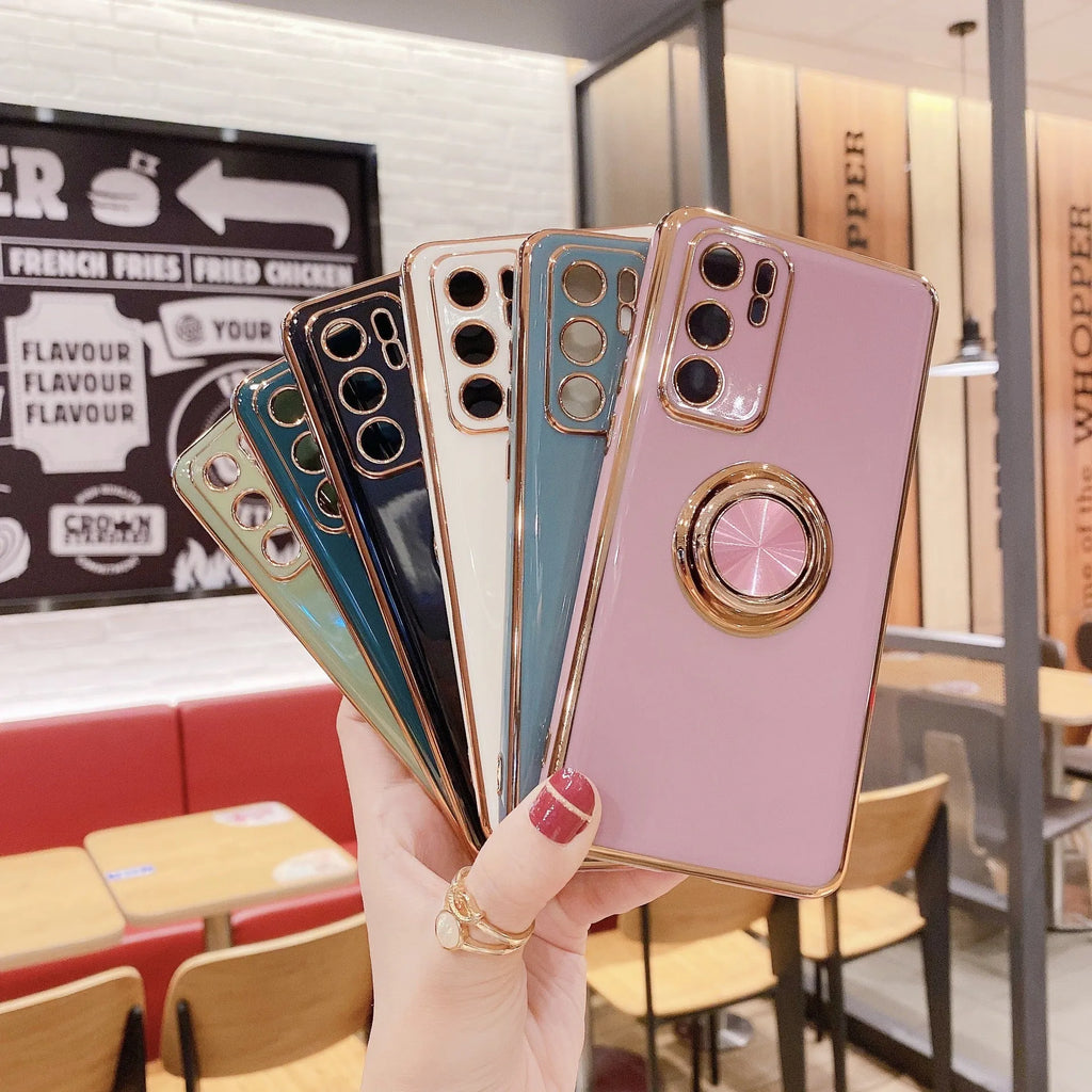 Huawei magnetic car mount phone case with TPU back cover and integrated electroplated ring bracket