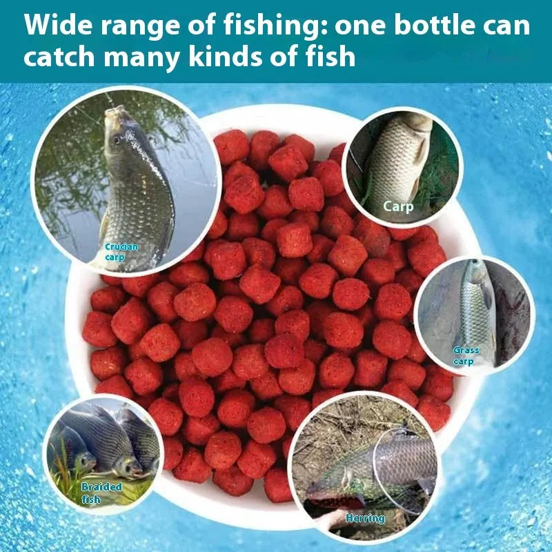 A fresh red plastic bottle containing grass green particle fishing bait for crucian carp.