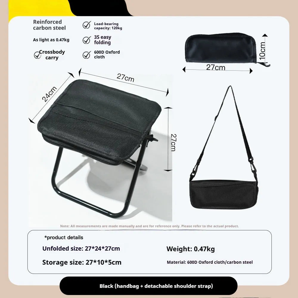 Lightweight foldable camp stool in Oxford cloth, shown in khaki colour, folded and unfolded.