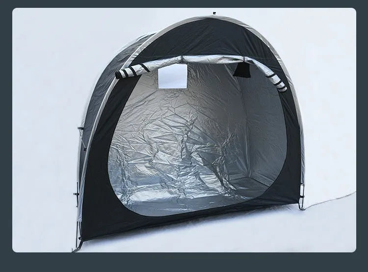 Large black outdoor bicycle storage tent showing roof design, suitable for 2-3 bikes.