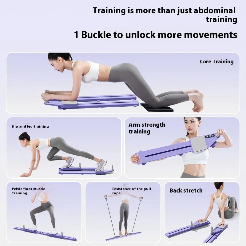 Purple split multifunctional skiing machine trainer, 85cm long, on a carpet for home exercise.