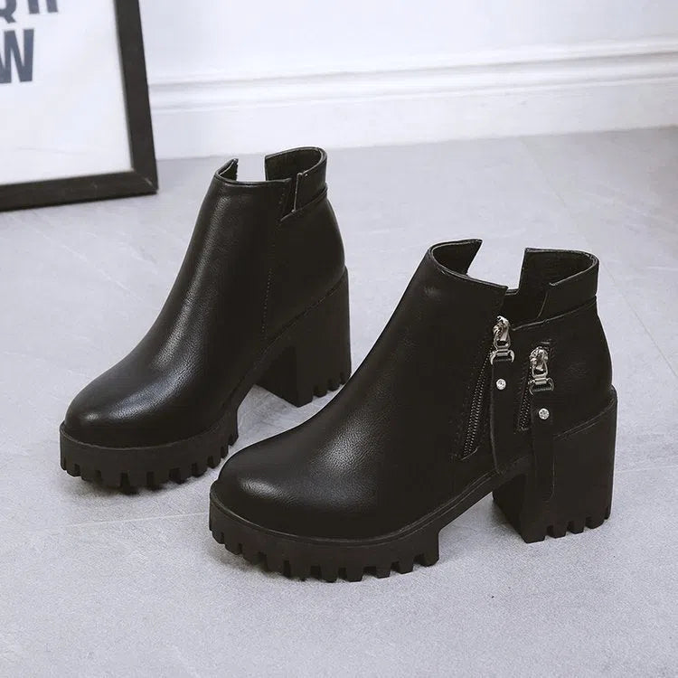 Women's side-zip high-heeled Dr Martens boots, black or black-khaki, 6-8cm heel, low shaft