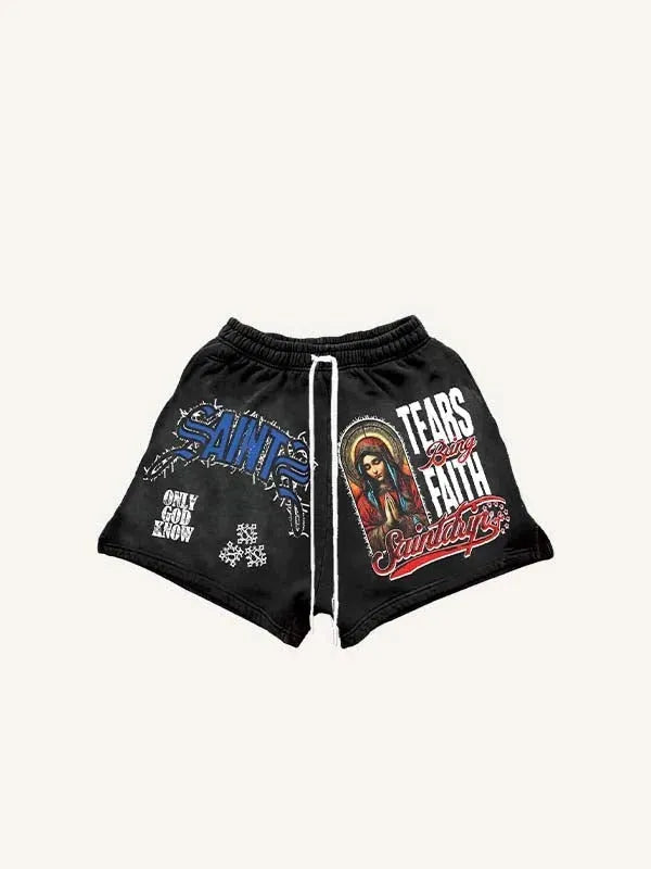 Loose casual black print men's shorts with elastic waistband for summer