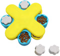 Yellow dog puzzle feeder toy with rotating lids on a non-slip base