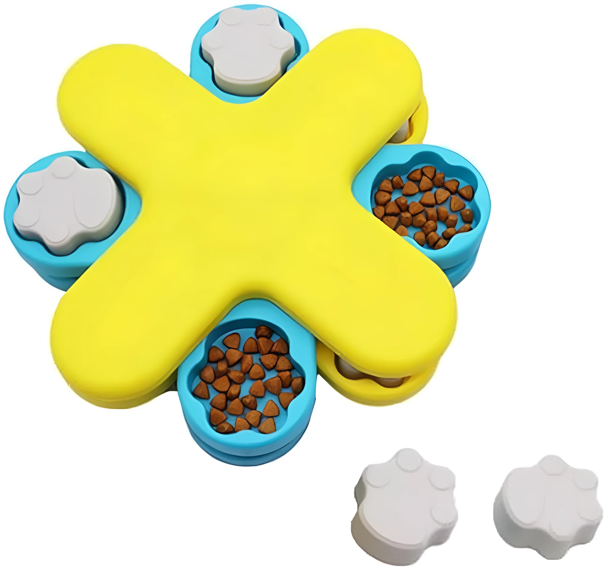 Yellow dog puzzle feeder toy with rotating lids on a non-slip base
