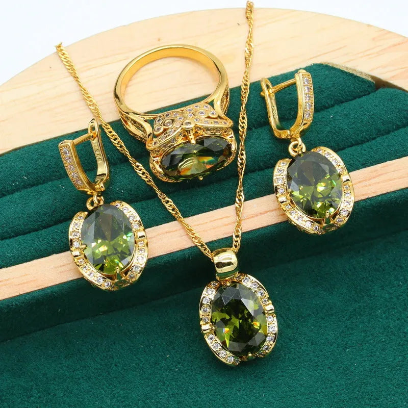 Women's rhinestone jewellery set with zircon inlay on copper with electroplated olive green or red finish