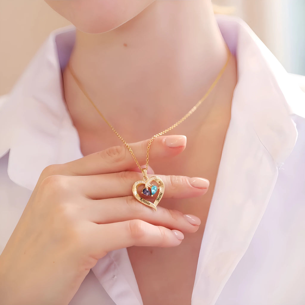 Women's heart necklace with two-tone water drop pendant and peach birthstone in electroplated copper