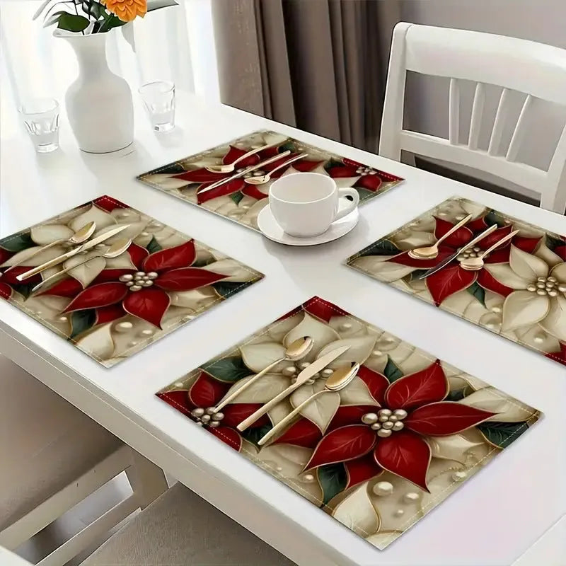 Square linen Christmas table mat, 30 x 45cm, with printed Christmas tree design and fourteen colour options.