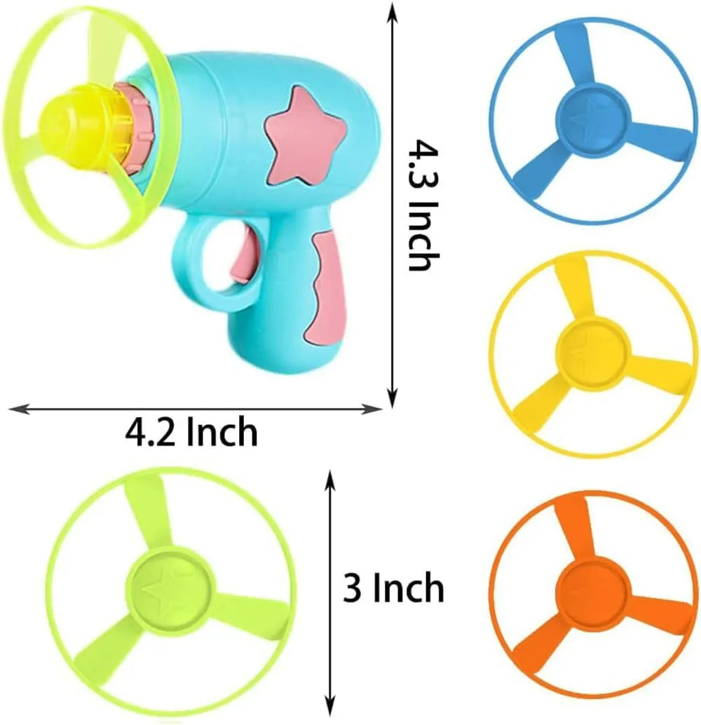 Blue plastic cat toy gun with spinning frisbee launcher for indoor play