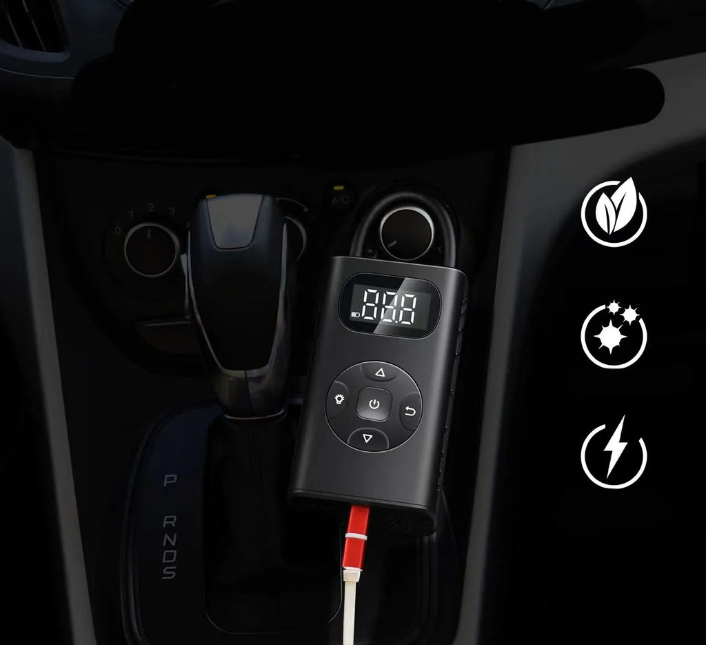 Black portable USB tyre inflator for cars and motorcycles with digital display.