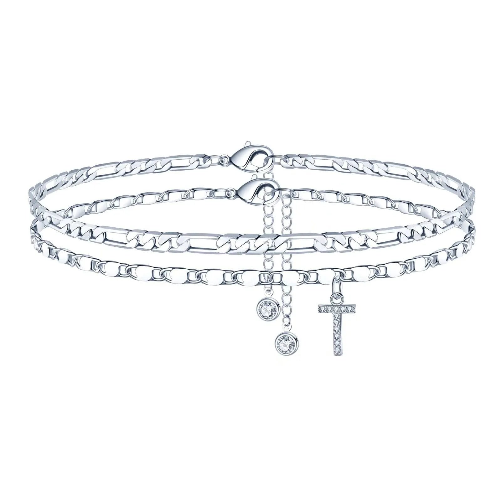 Silver colour copper anklet with double-circle design and text bead elements on ankle