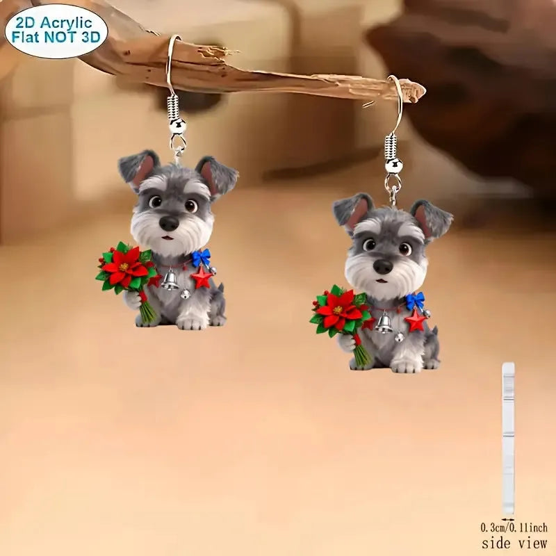 Flat cartoon acrylic Schnauzer dog earrings in Christmas style on a light background
