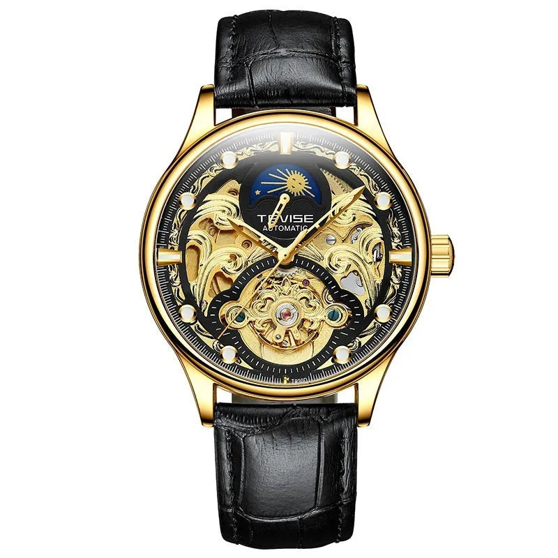 Men's automatic mechanical watch with a leather strap on a wrist, showing a business-style dial.