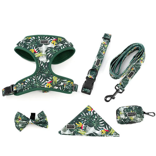 Adjustable cloth dog harness and leash six-piece set showing vest, collar, bow tie, scarf, waste bag, and leash in a gift package.