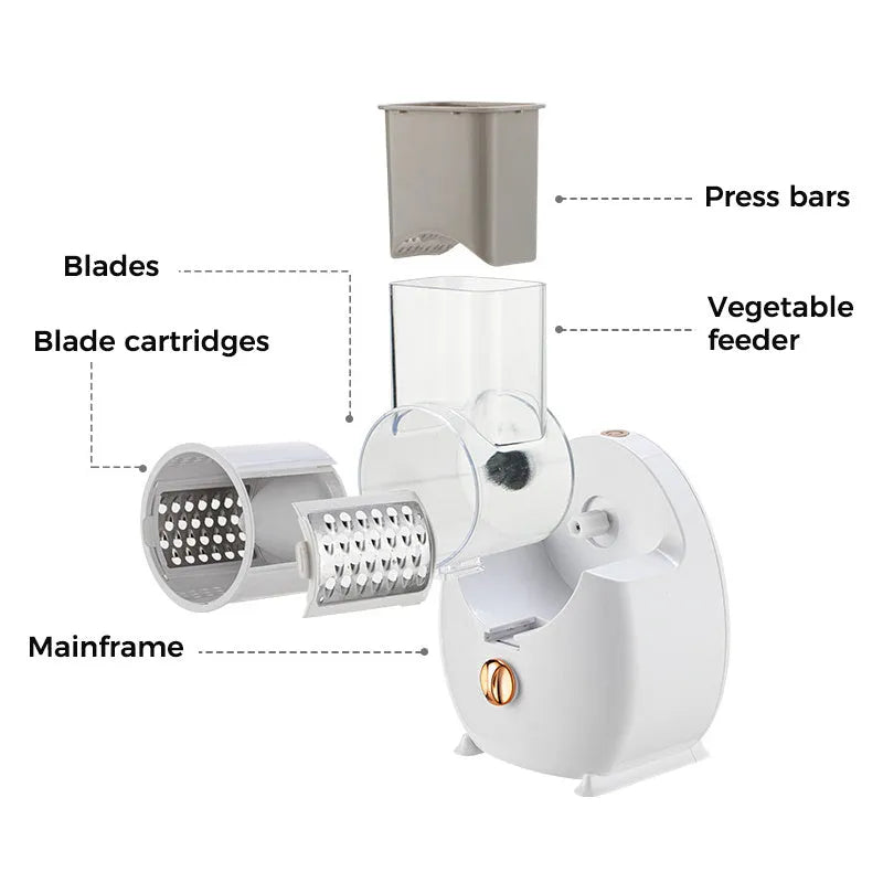 White electric vegetable slicer with rotary grater mechanism and suction base