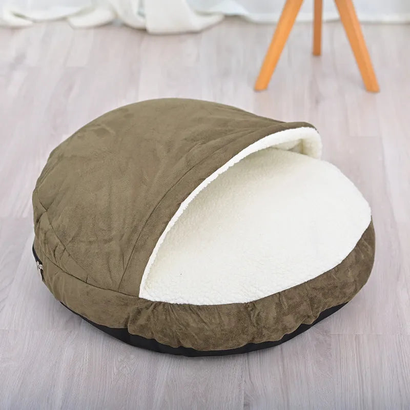Brown cloth dog kennel bed with removable, washable cushion in a medium size.
