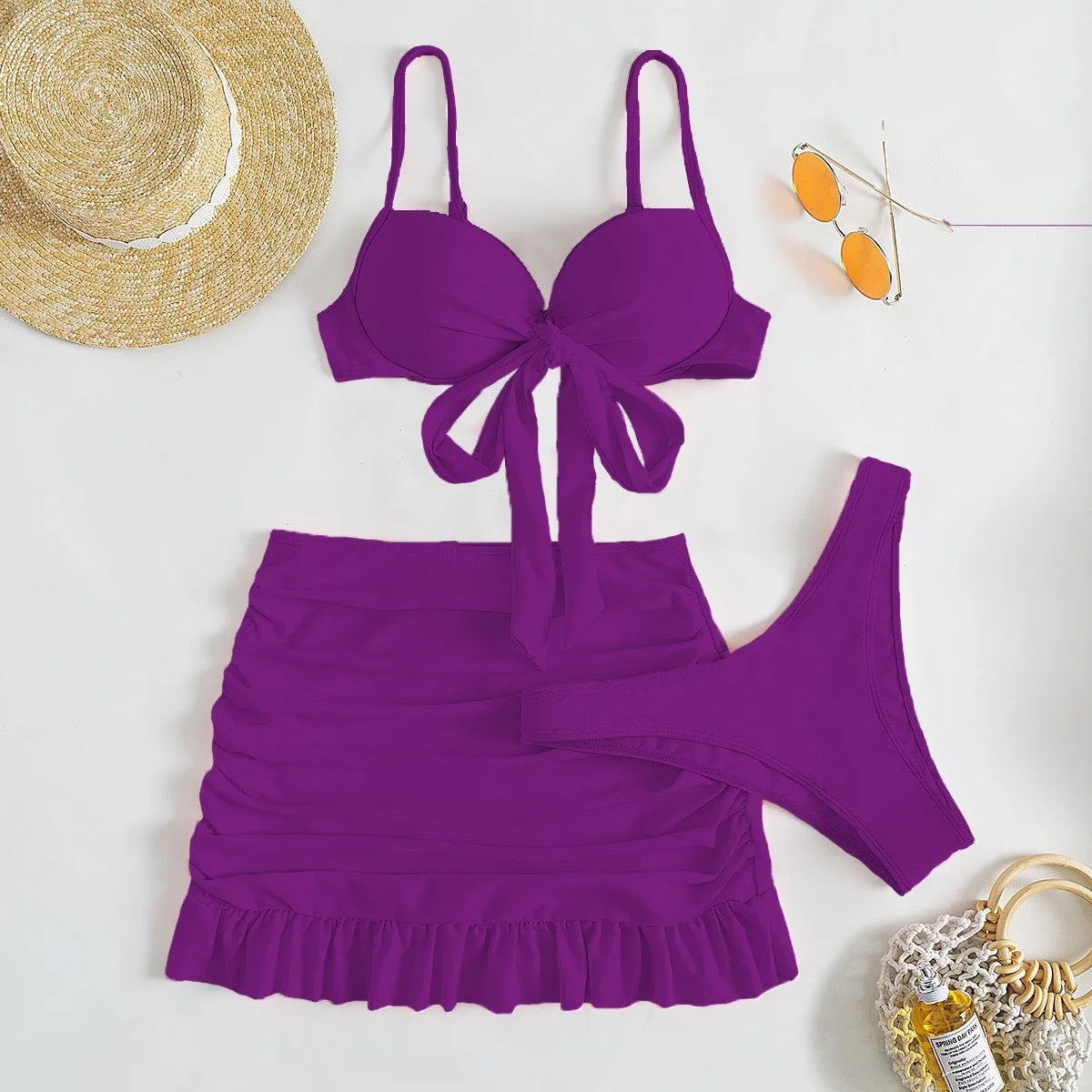 Women's bow split swimsuit three-piece set in floral polyester fabric showing colour options
