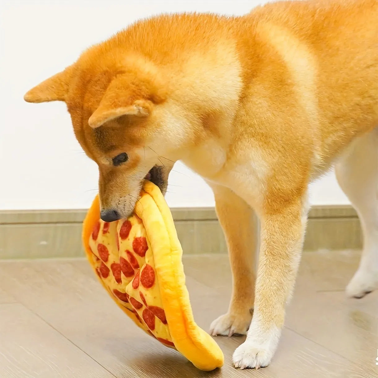Yellow pizza-themed teddy dog chew toy with squeaker for interactive play and dental health