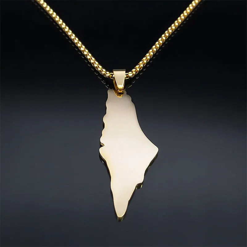 Gold stainless steel Palestine Israel map pendant necklace with 60cm box chain on white background