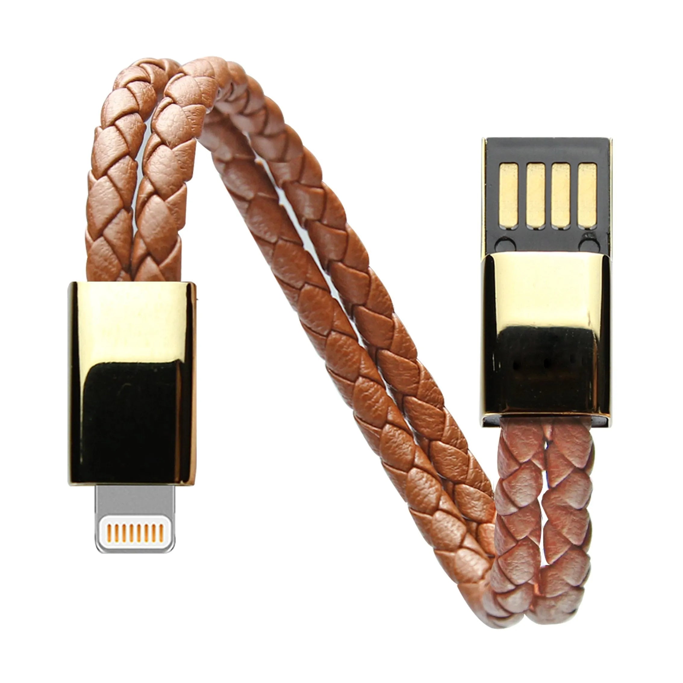 Brown double-line bracelet cable measuring 22.5cm with single USB connector in gift box