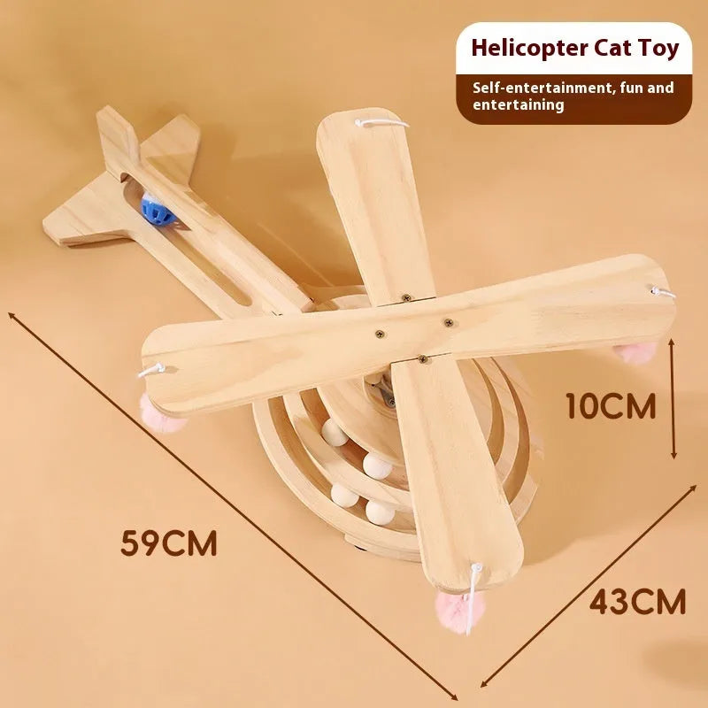 Solid wood cat scratching board toy with rotating turntable mechanism and felt mouse accessories