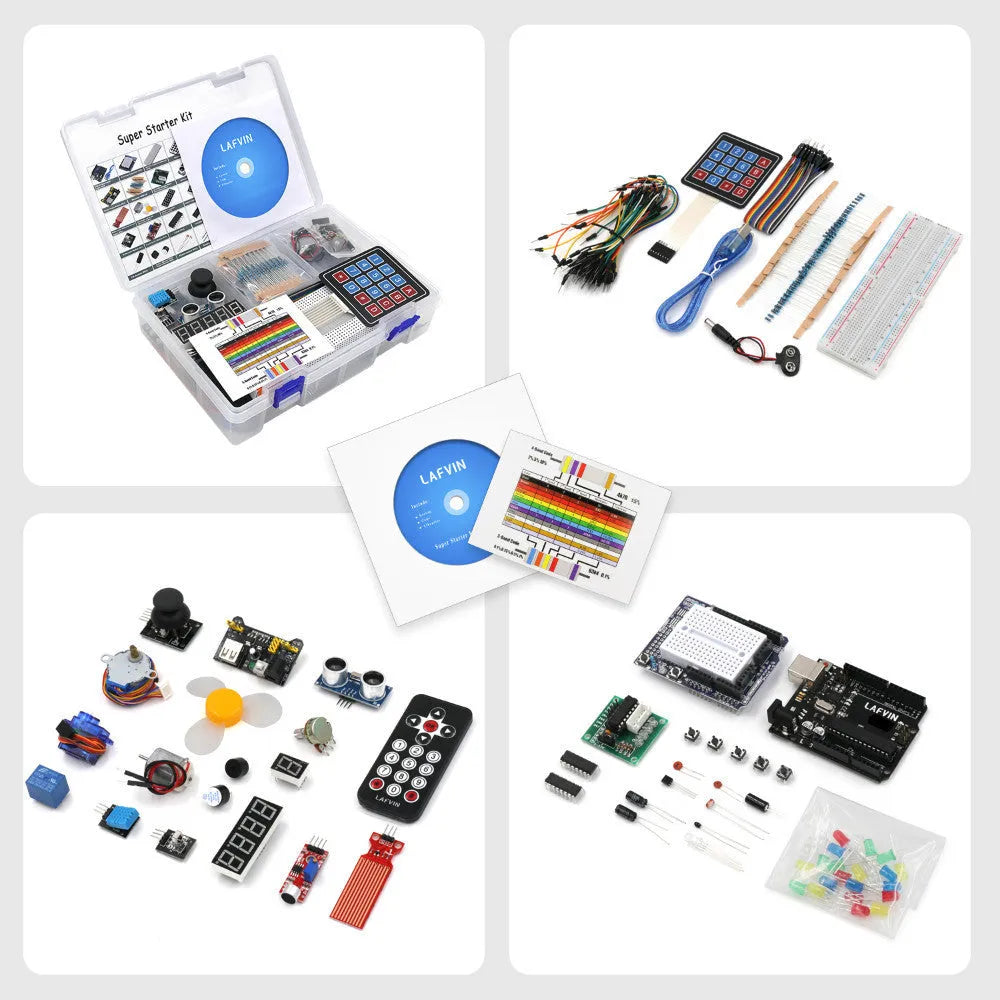 LAFVIN Arduino UNO R3 super starter kit with blue board, breadboard, and numerous electronic components.