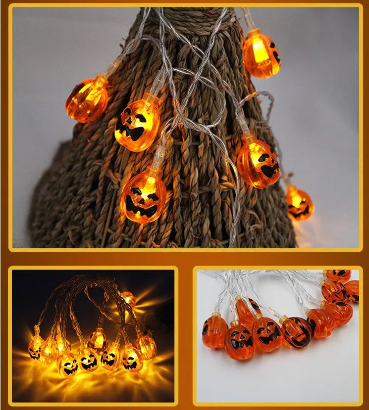 Halloween pumpkin and ghost LED string lights with battery pack and multiple pendant designs