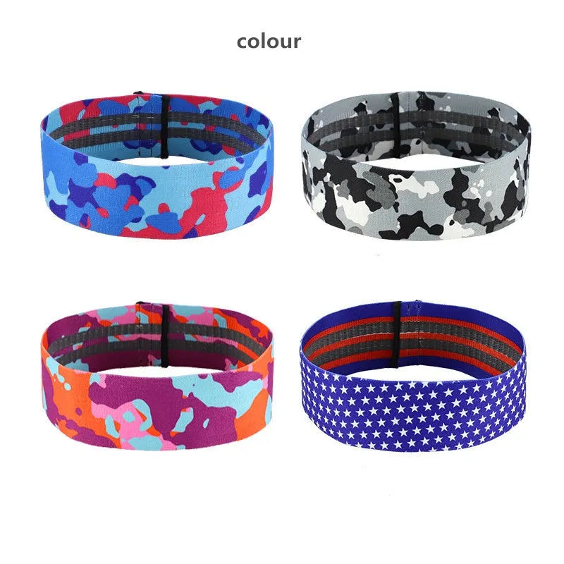 Anti-slip yoga resistance band hip belt in camouflage colours, sizes S 67x8cm, M 78x8cm and L 88x8cm