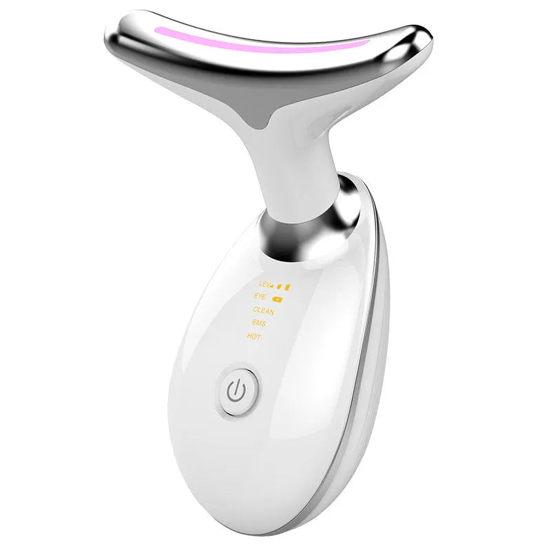 Black and silver EMS thermal neck lifting massager with LED lights for skin tightening and wrinkle reduction.