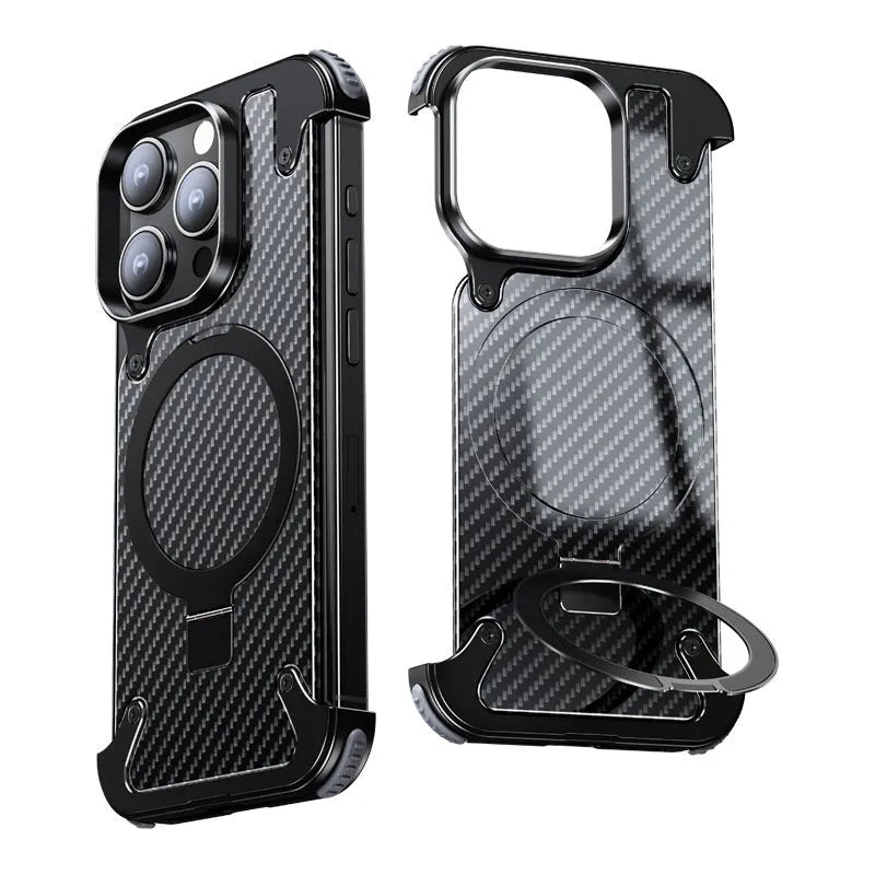 Matte black YILI shell carbon fibre magnetic bracket case for iPhone 16 Pro Max with carved finish