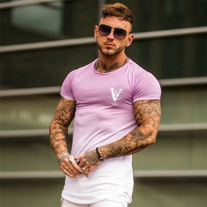 Cotton muscle fitness top in black yellow, black red, black blue, or white, sizes M to XXL