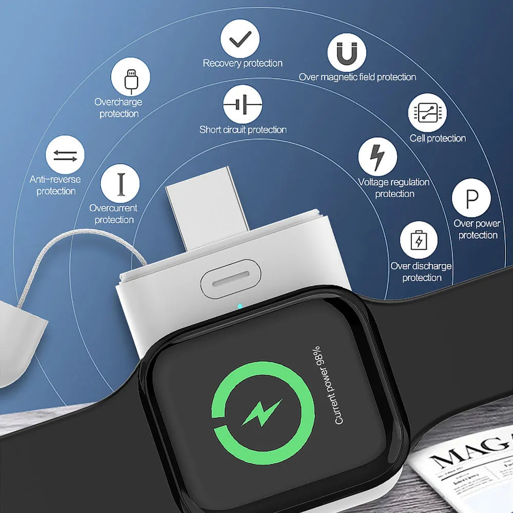 White 1000mAh portable magnetic wireless charger for Apple Watch showing compact size