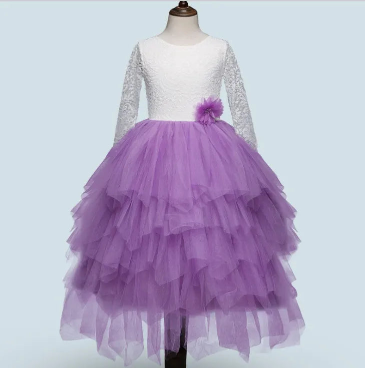 Children's white hollow lace long-sleeved princess dress cotton blend for autumn and winter