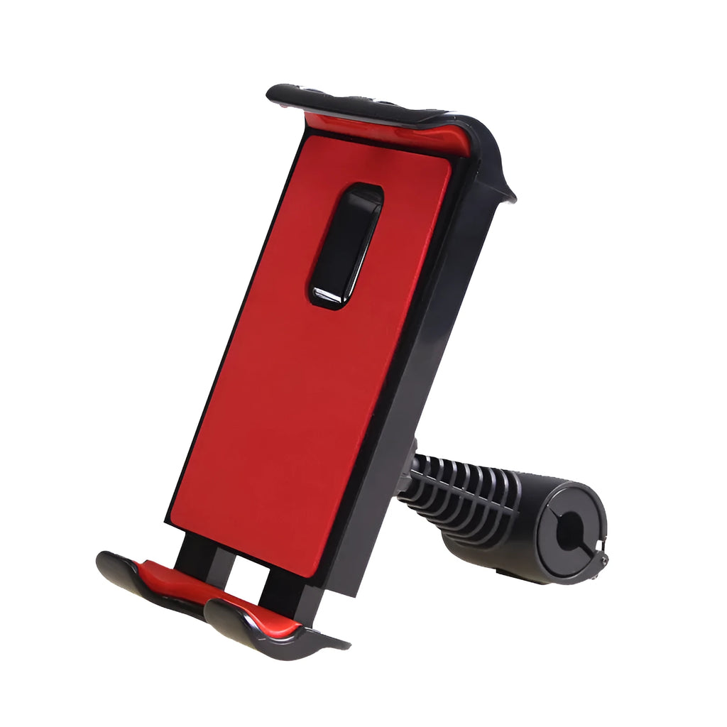 Car headrest mounting bracket holding tablet with 360-degree rotation adjustment