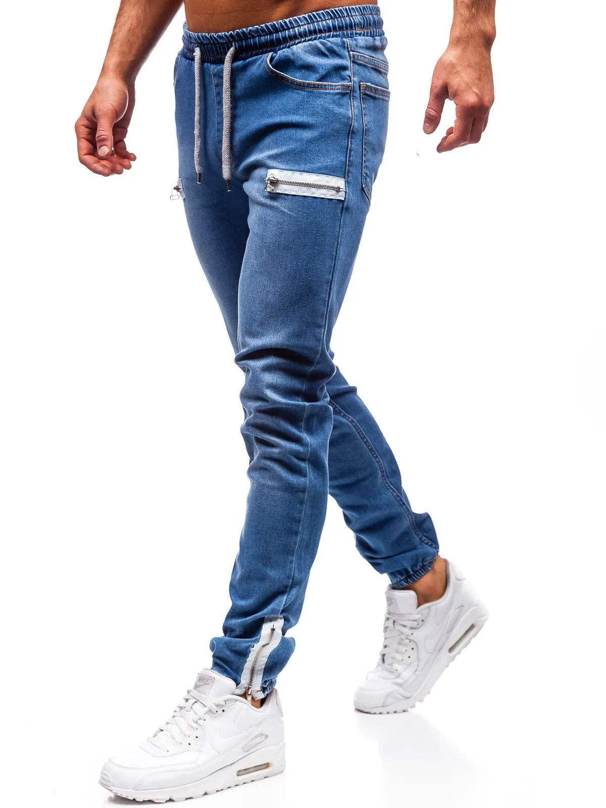 Men's denim fabric sports jeans in dark blue, cotton blend, five-pocket style, available in sizes M to 4XL