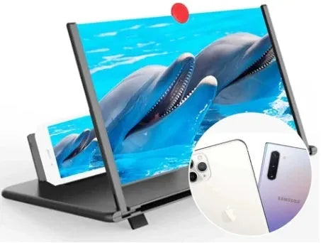 12-inch wood grain folding screen amplifier bracket shown open next to a tablet.