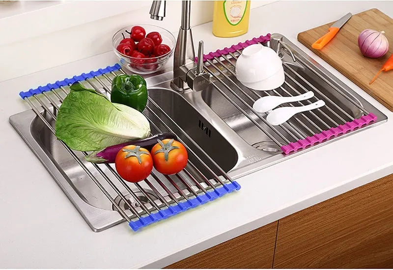 Foldable stainless steel kitchen drain sink rack with polypropylene drying tubes