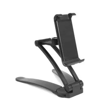 Silver aluminium desktop tablet stand holding a tablet, showing 360-degree rotation and dual adjustable clip design.