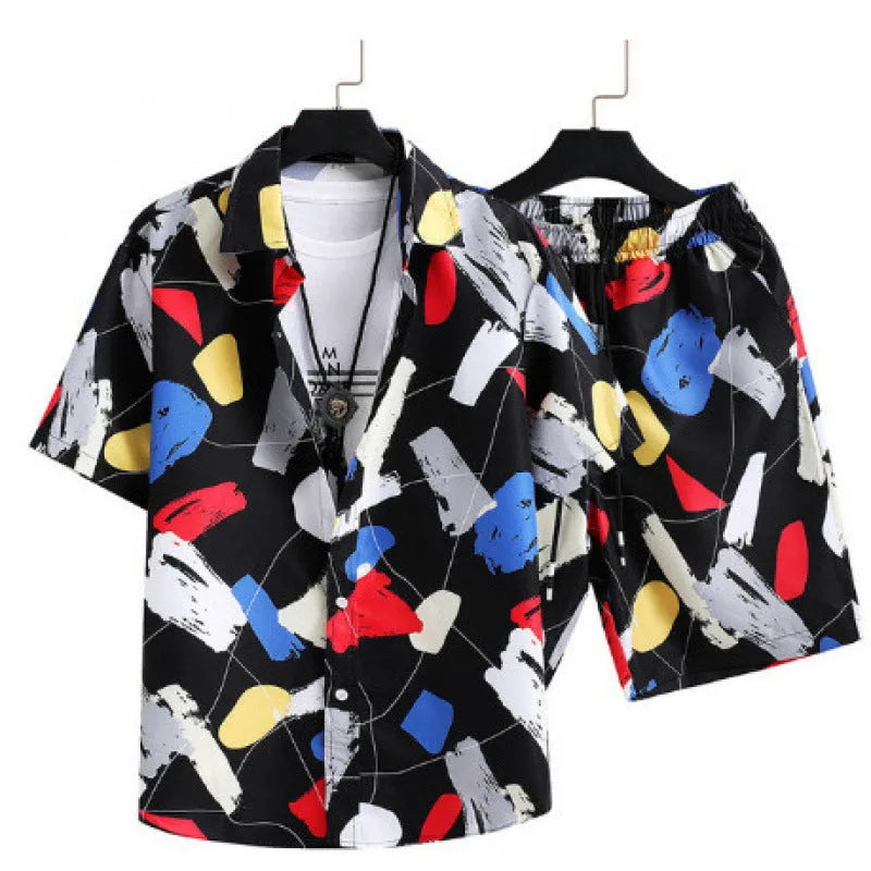 Men's short sleeve cardigan and matching shorts set with a digital pattern, shown in colour Suit 52.