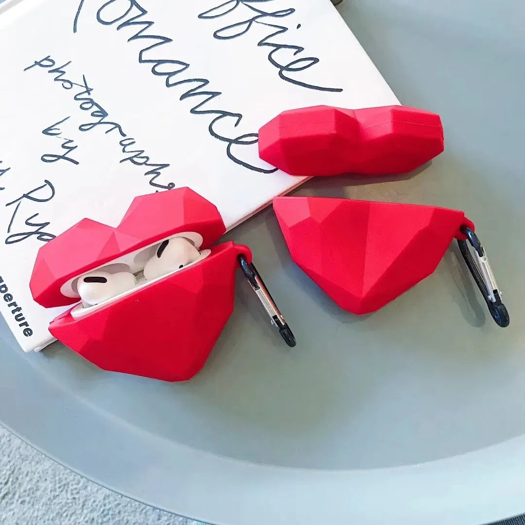 Red silicone case with diamond and heart design for Apple AirPods 1st 2nd 3rd generation