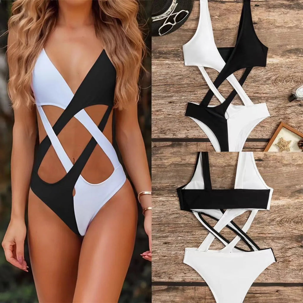 White women's one-piece swimsuit with colour block and hollow out detail.