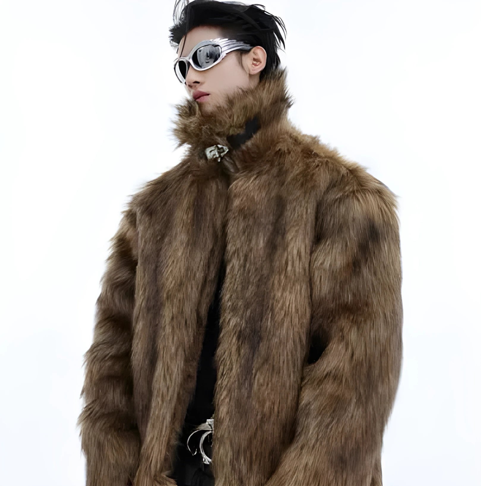 Men's long faux fur coat in raccoon fur colour with fur collar and regular sleeves