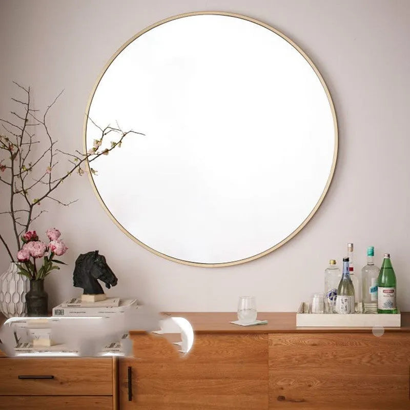 Round iron bathroom wall mirror in black, gold, or white, 30cm or 60cm diameter.