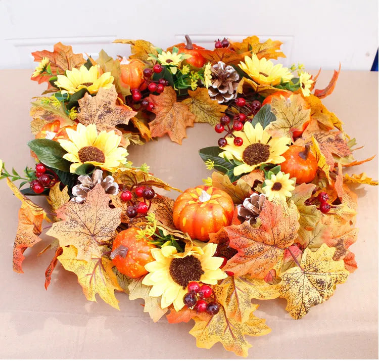 Autumn pumpkin wreath with fabric leaves simulation pumpkins berries pine cones on natural vine ring 50cm diameter