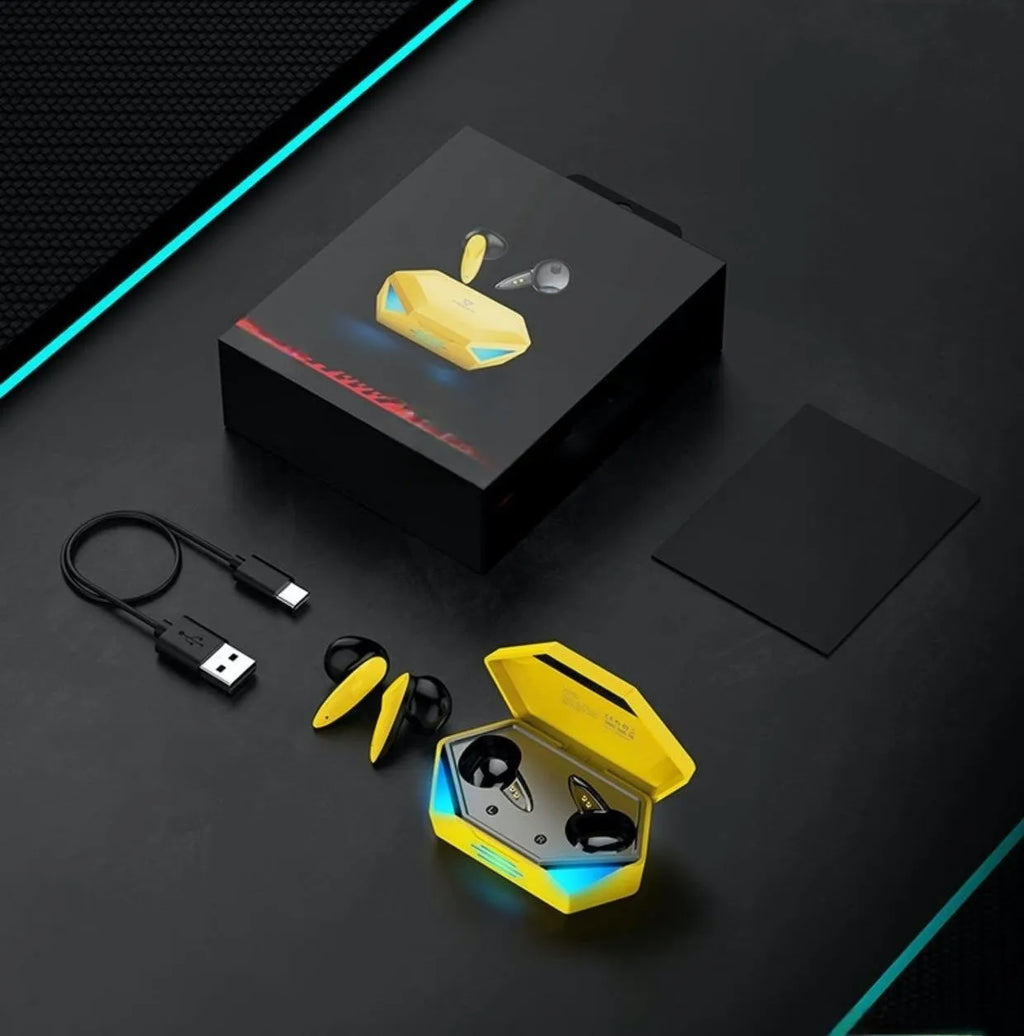 G20 Bluetooth Gaming TWS Headset in Black, White, or Yellow colours with charging case.