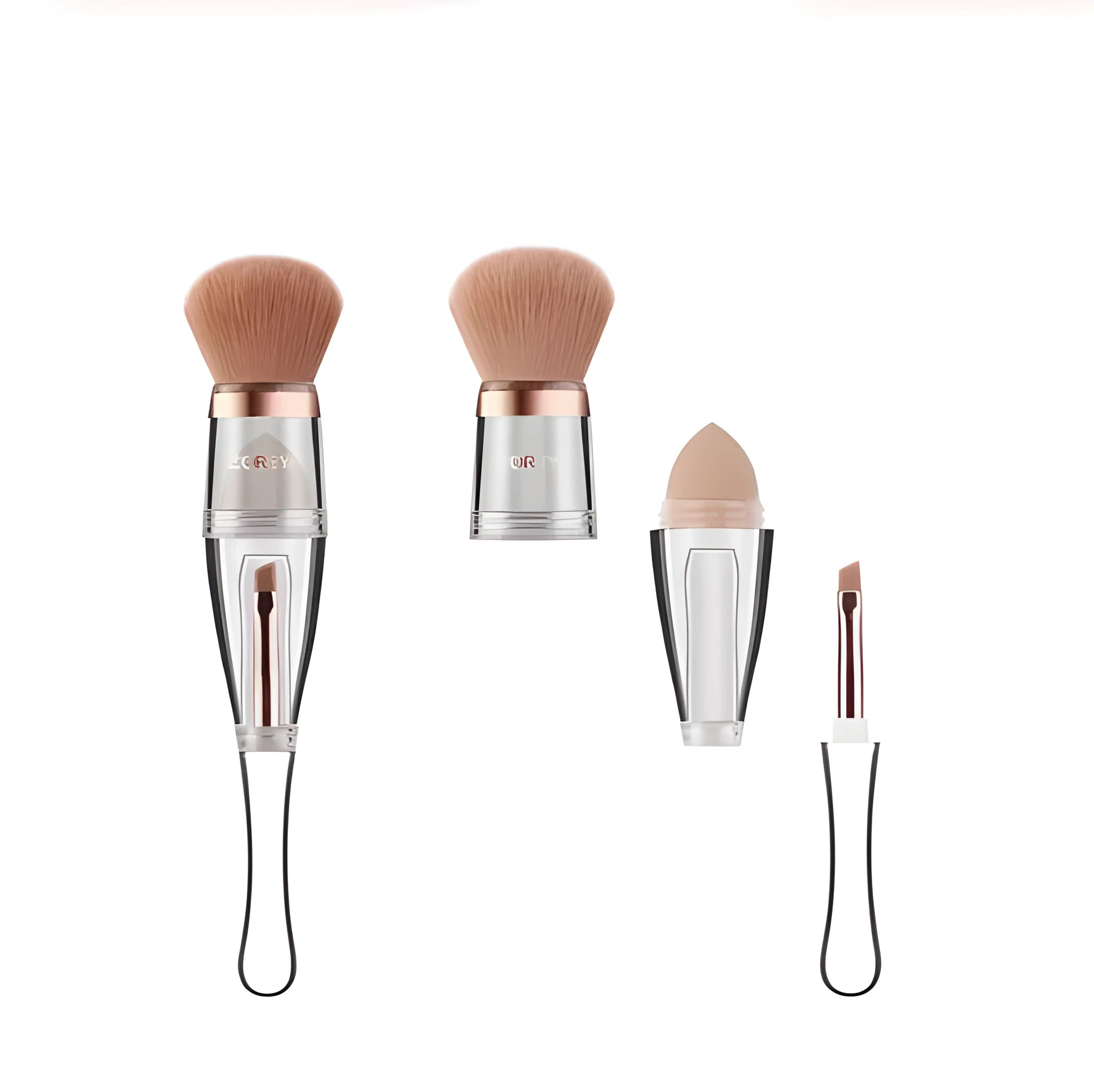 3 in 1 makeup brush with artificial fibre bristles and acrylic handle, 16cm length, pink colour option