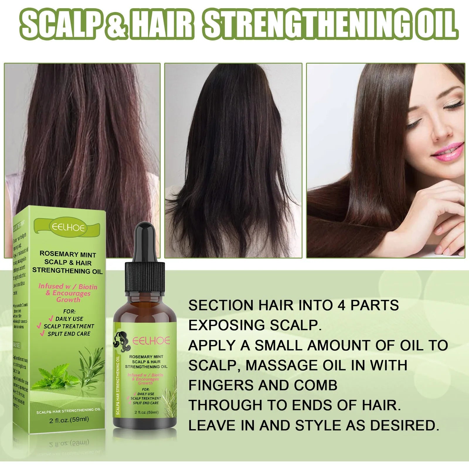 59ml bottle of rosemary mint hair growth fluid for scalp treatment and massage.