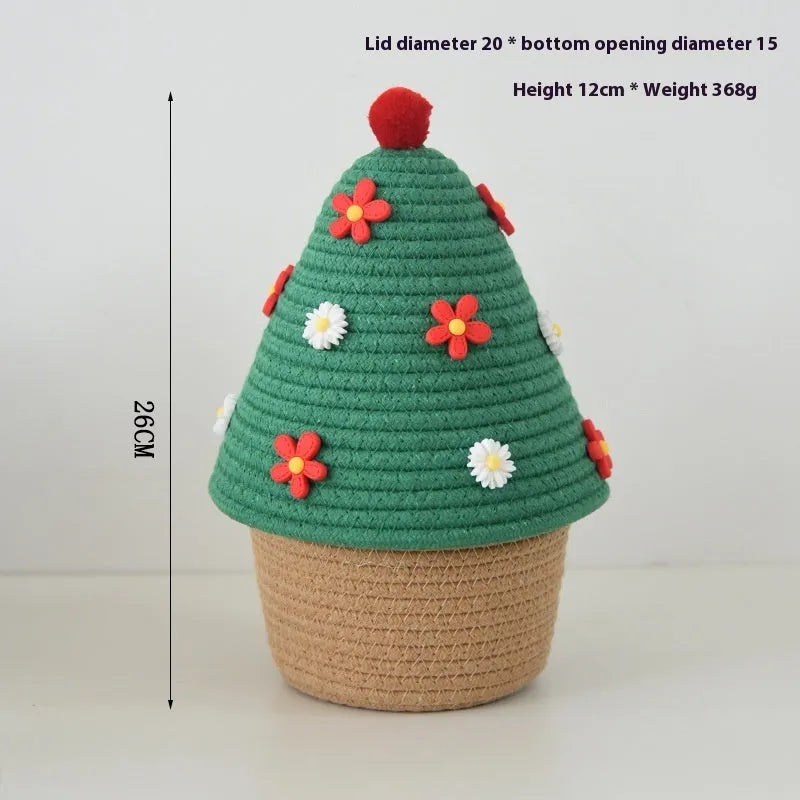 Christmas decoration storage basket in cotton thread with green Christmas tree colour
