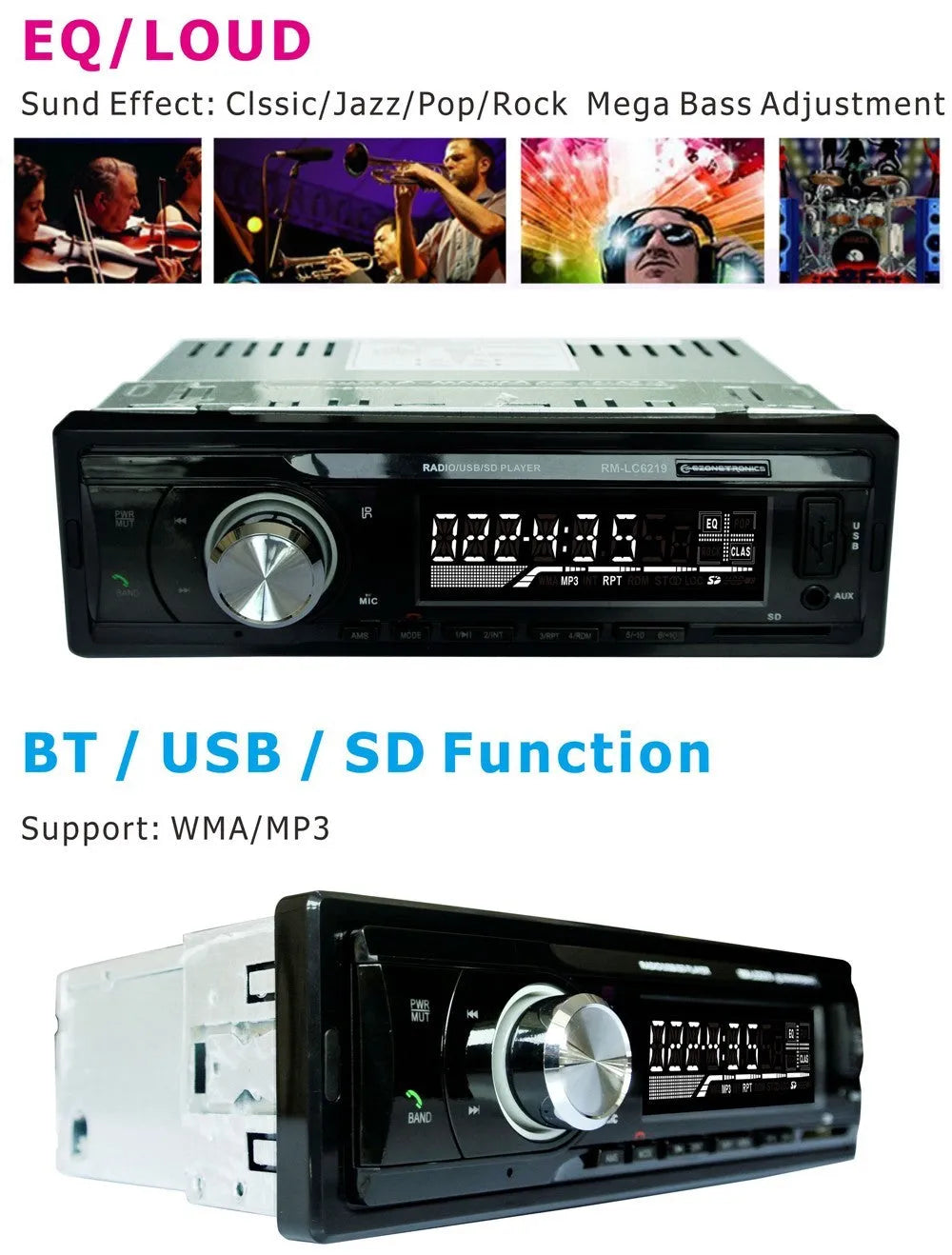 Car Bluetooth FM MP3 stereo receiver with USB and SD card slots on front panel